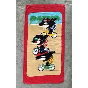 Seven Seas Orca Killer Whale Beach Pool Towel VTG 30x60” Racing Bicycles *READ*